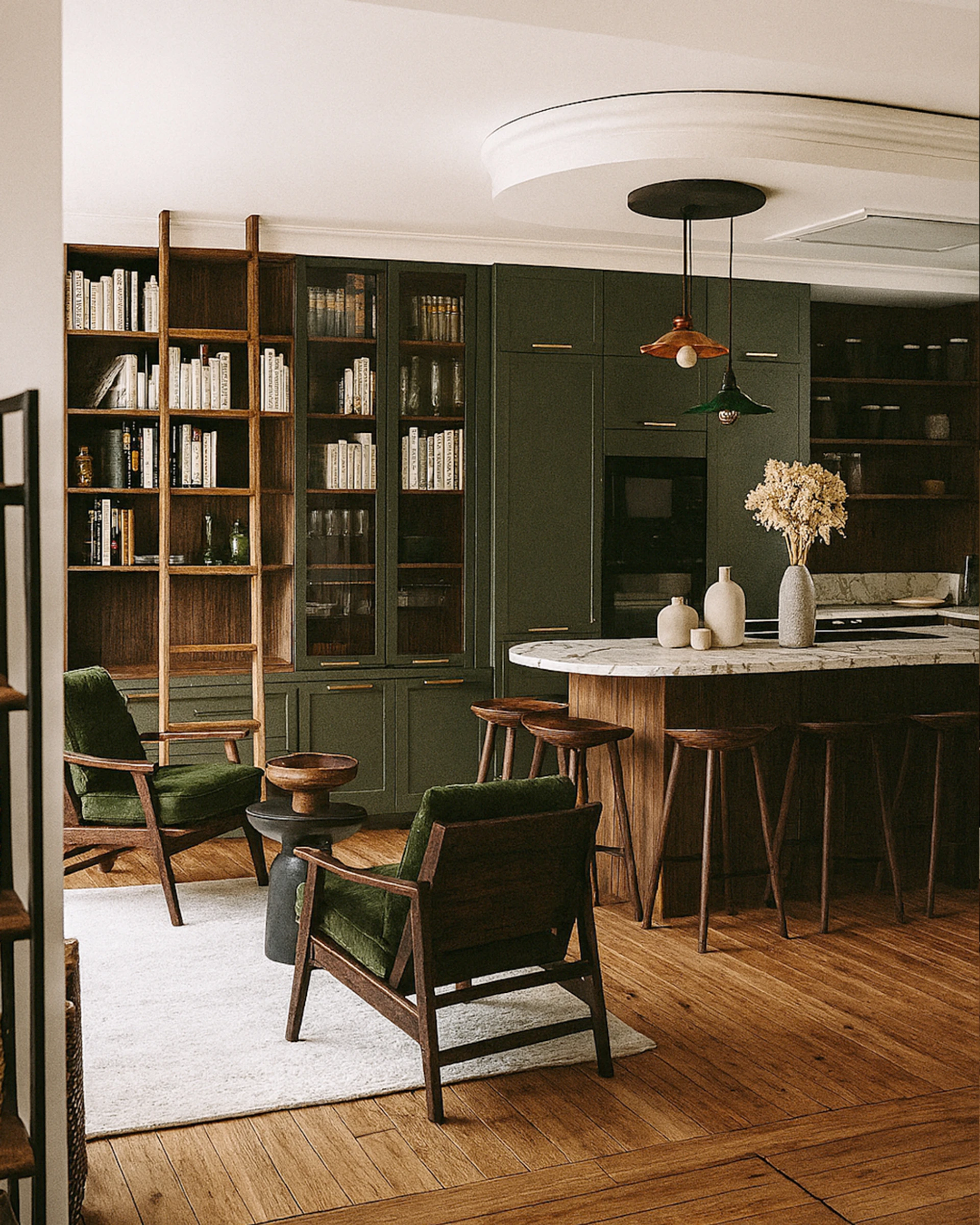 Cuisine ouverte sur le salon avec son mobilier