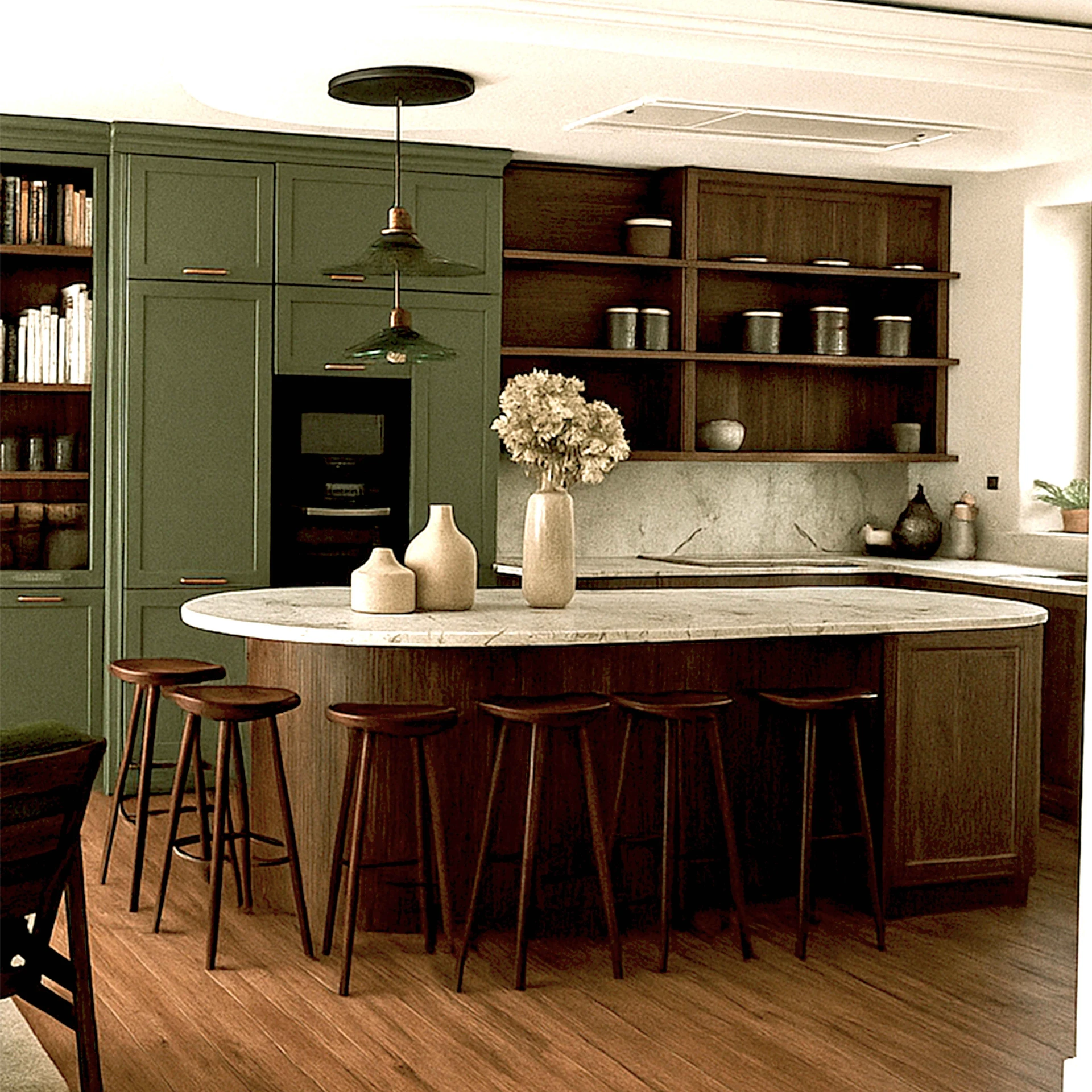 CUISINE AVEC ILOT NOYER ET FACADE A CADRE ET PLAN DE TRAVAIL CERAMIQUE ET PLANCHER BOIS.jpg